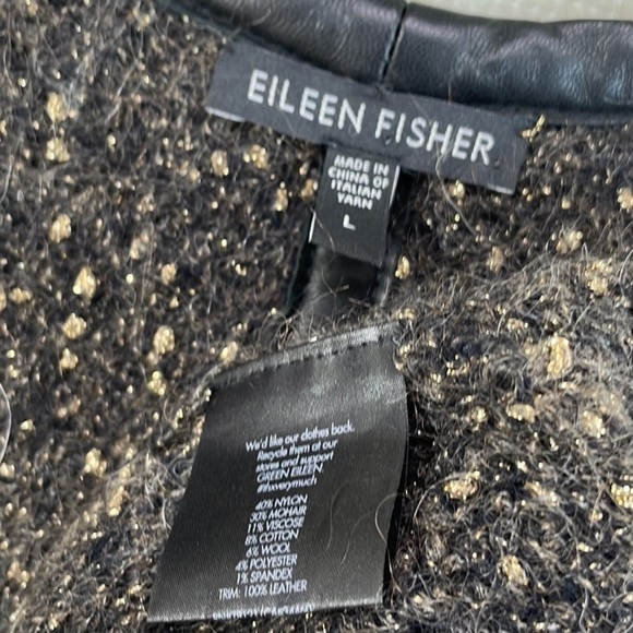 Eileen Fisher Sweater Cardigan Brown Leather Trim Gold Mohair Size Large - Picture 11 of 12